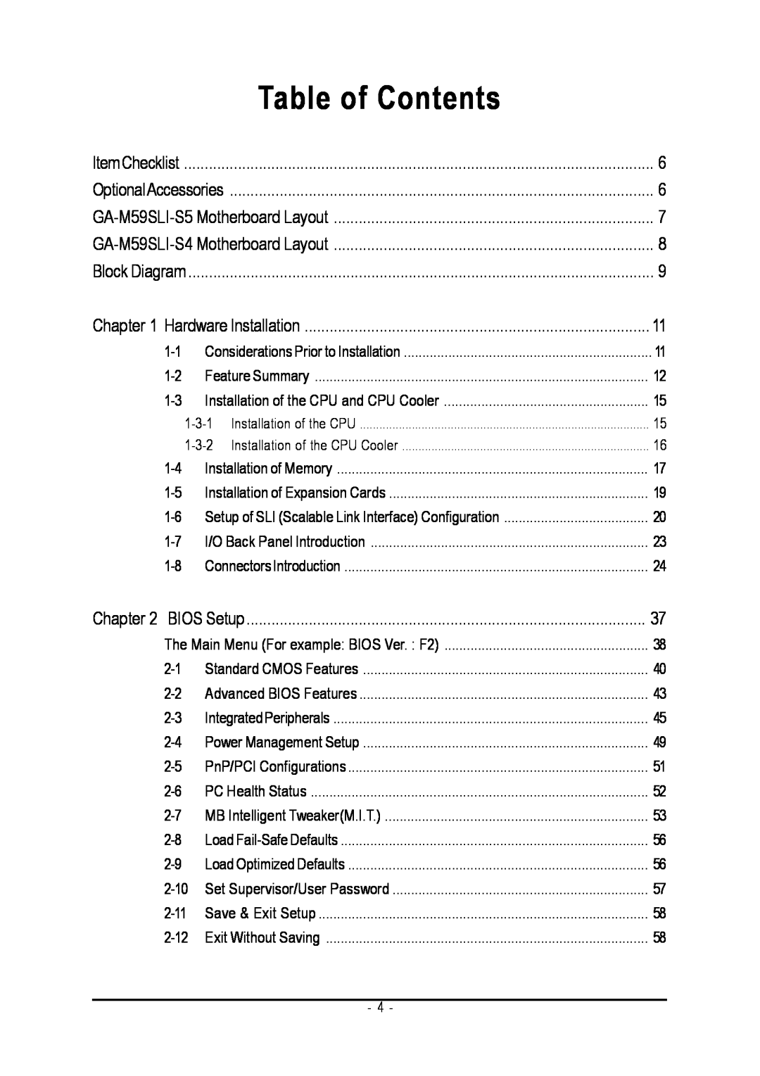 Gigabyte GA-M59SLI-S5, GA-M59SLI-S4 user manual Table of Contents 
