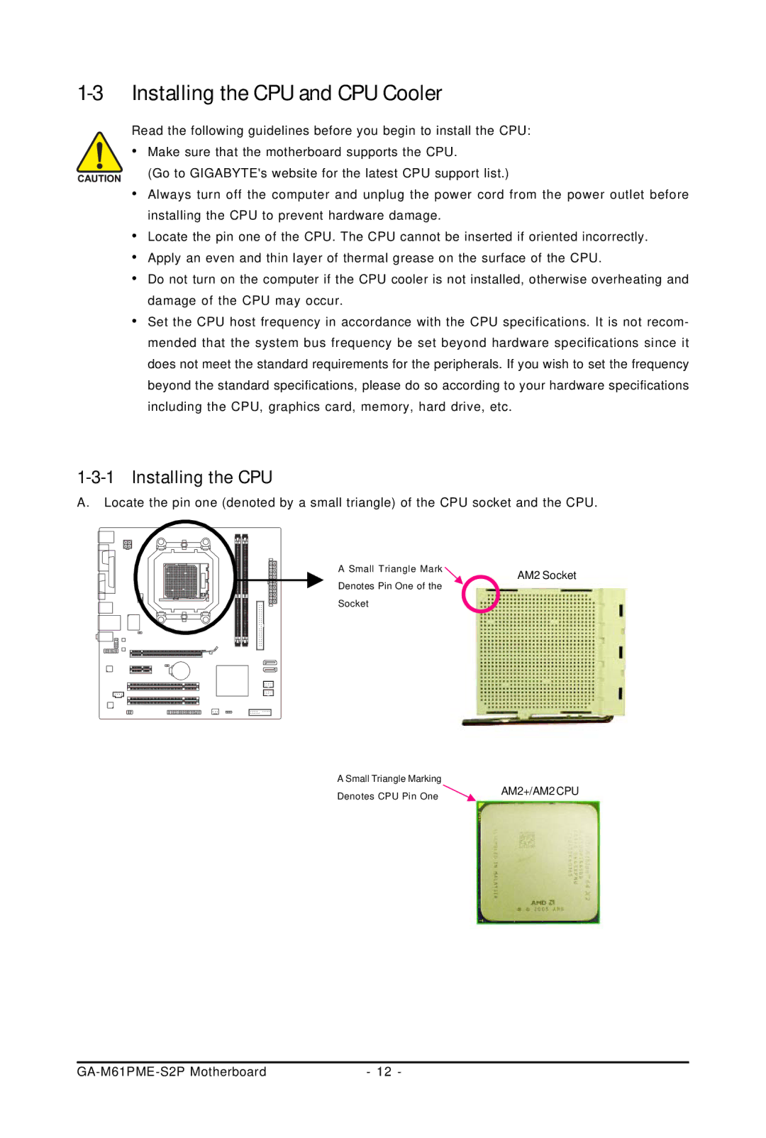 Gigabyte GA-M61PME-S2P user manual Installing the CPU and CPU Cooler 