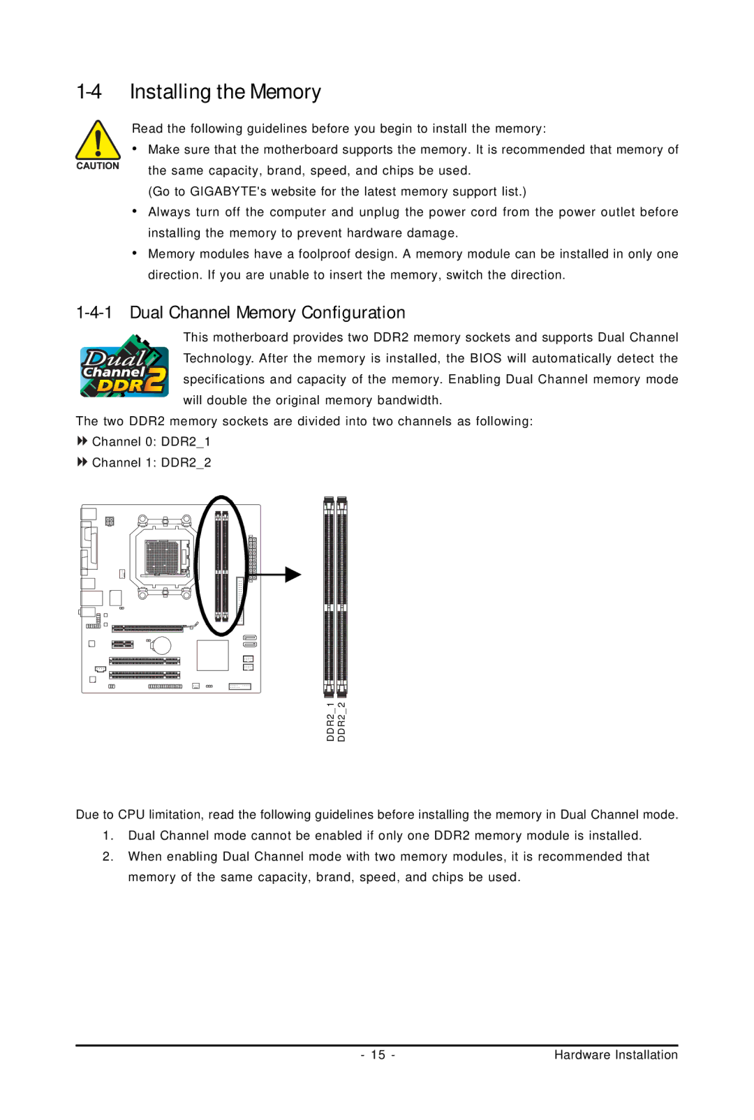 Gigabyte GA-M61PME-S2P user manual Installing the Memory, Dual Channel Memory Configuration 