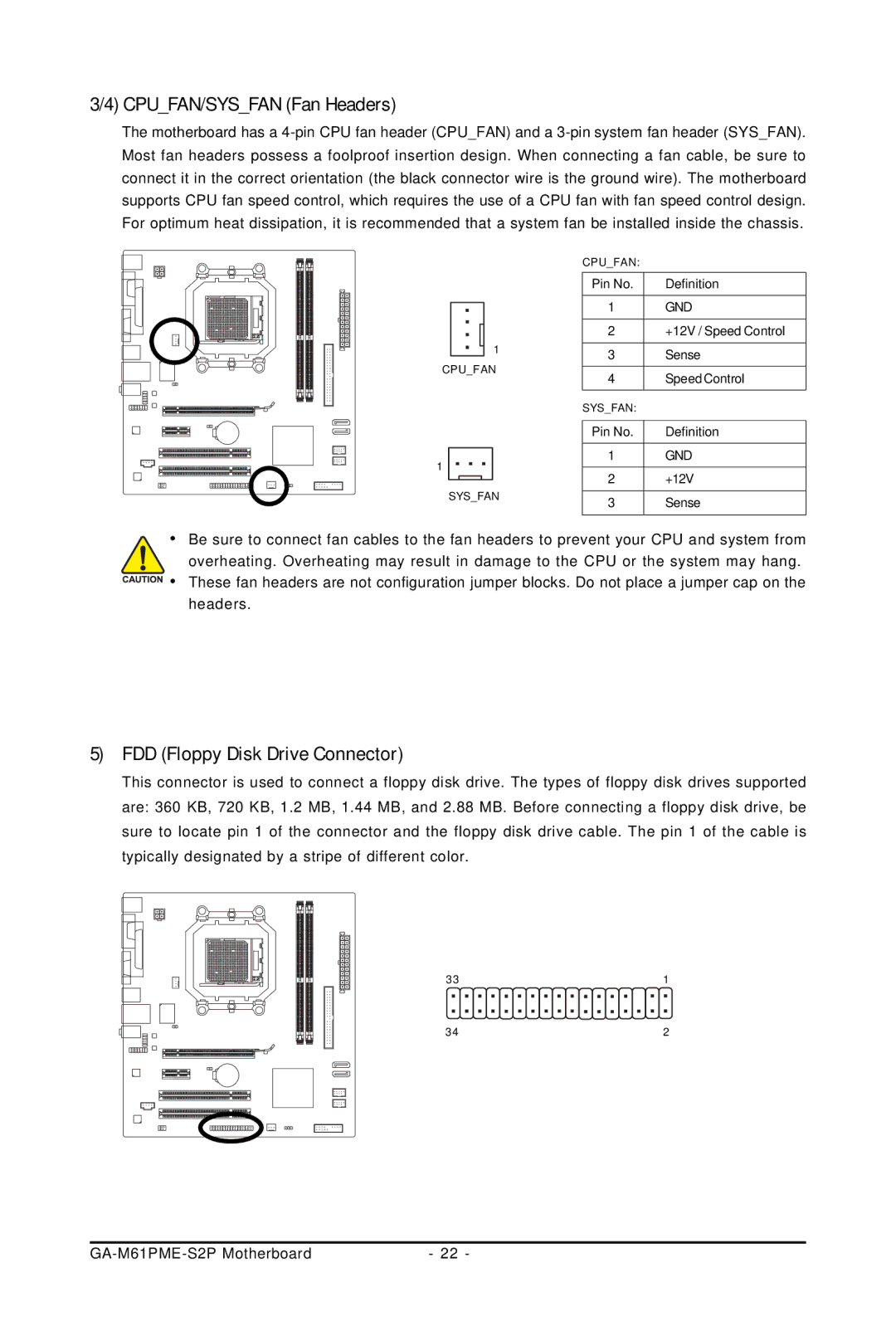 Gigabyte GA-M61PME-S2P user manual CPUFAN/SYSFAN Fan Headers, FDD Floppy Disk Drive Connector 