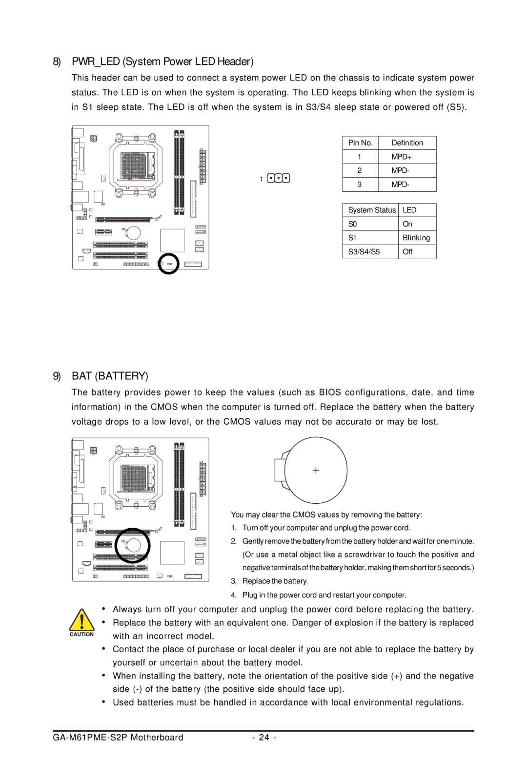 Gigabyte GA-M61PME-S2P user manual Pwrled System Power LED Header, BAT Battery 