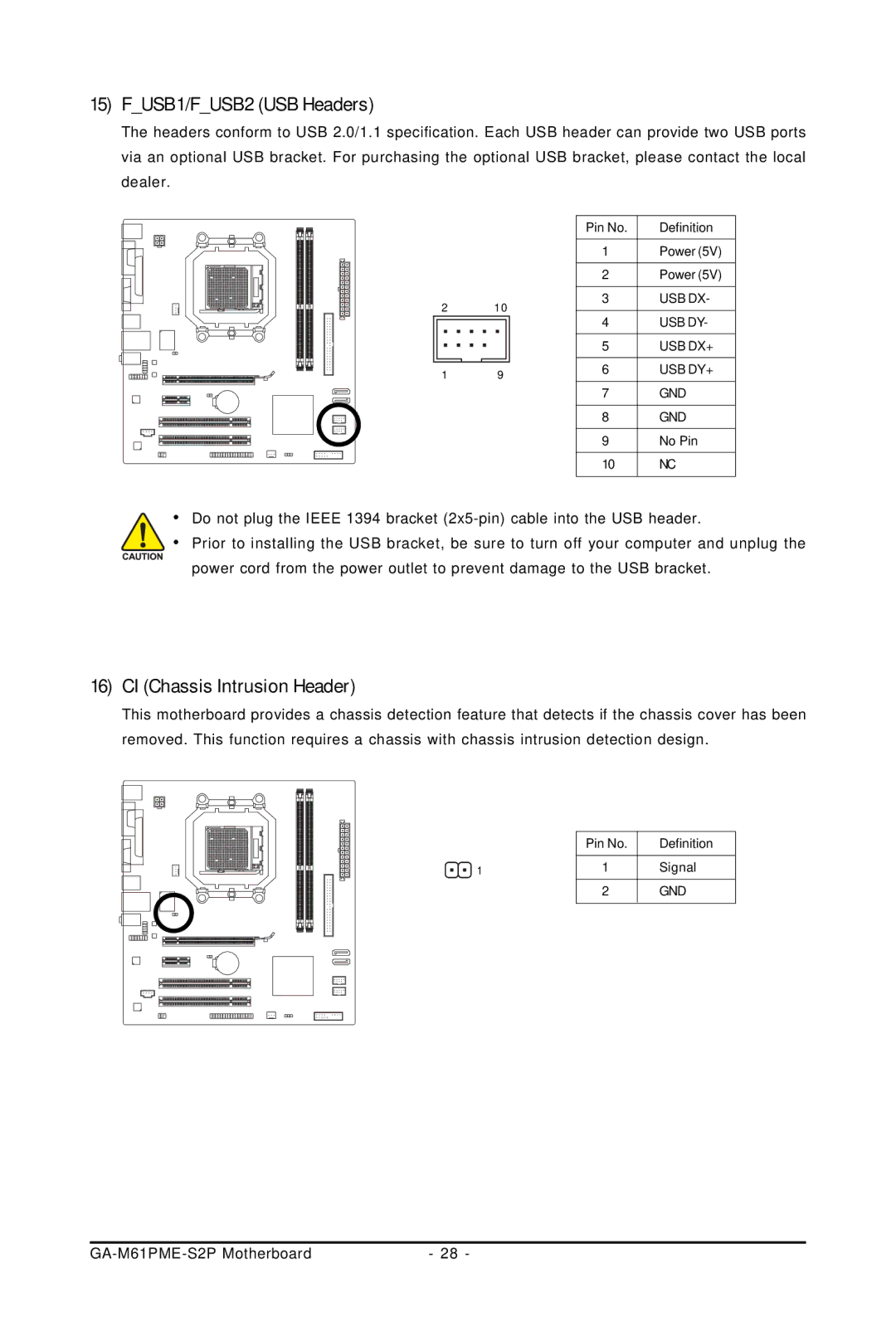 Gigabyte GA-M61PME-S2P user manual FUSB1/FUSB2 USB Headers, CI Chassis Intrusion Header 