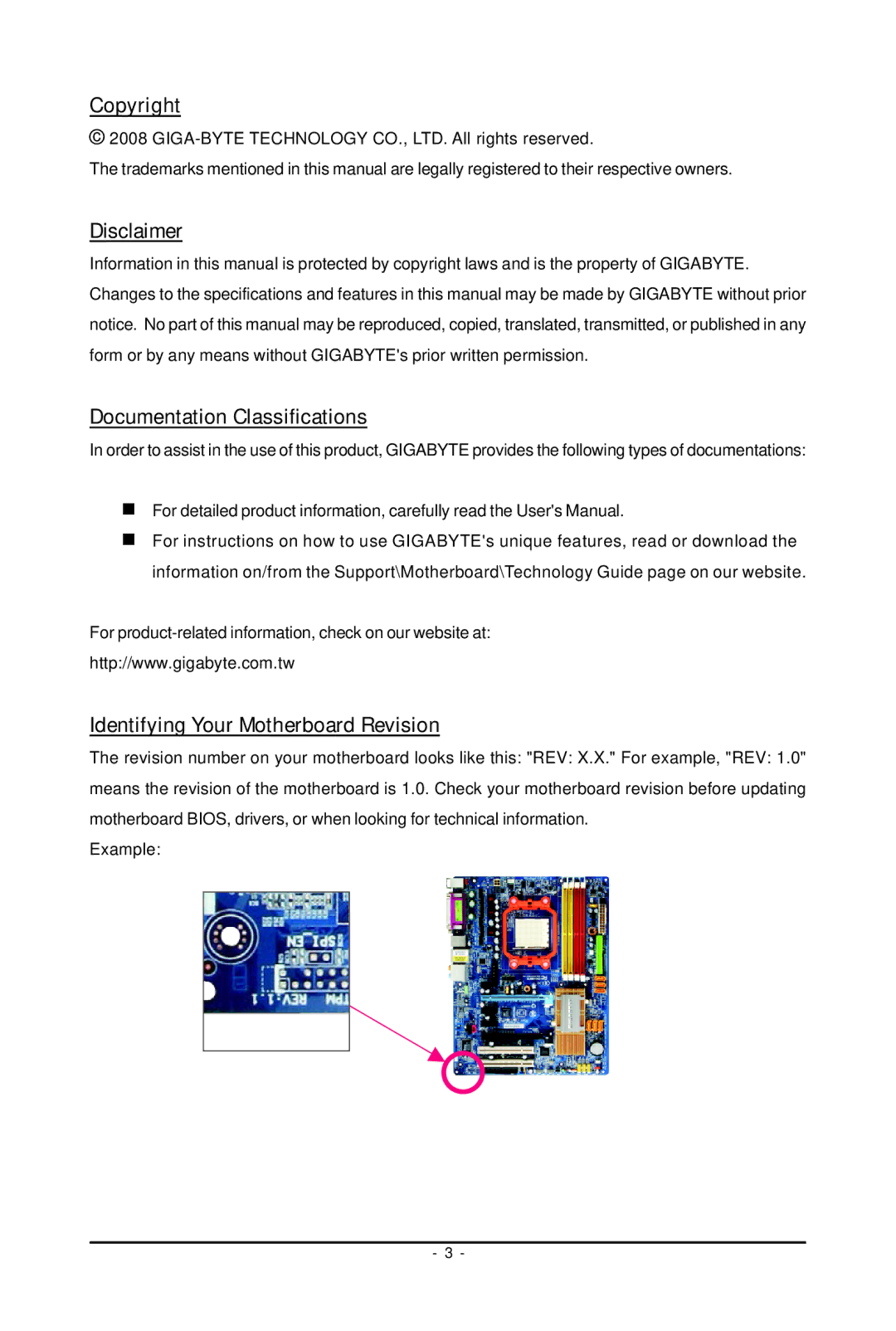 Gigabyte GA-M61PME-S2P Copyright, Disclaimer, Documentation Classifications, Identifying Your Motherboard Revision 