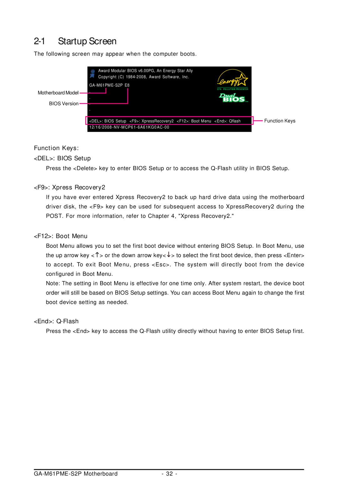 Gigabyte GA-M61PME-S2P Startup Screen, Function Keys DEL Bios Setup, F9 Xpress Recovery2, F12 Boot Menu, End Q-Flash 