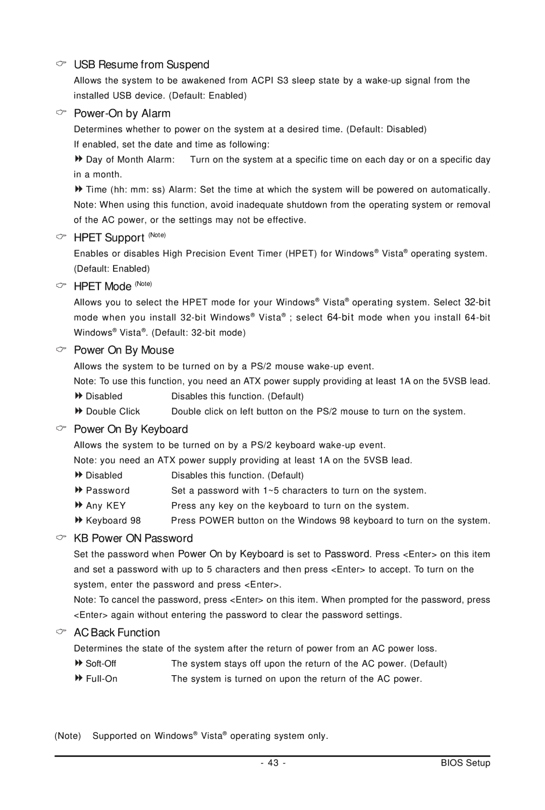 Gigabyte GA-M61PME-S2P USB Resume from Suspend, Power-On by Alarm, Hpet Support Note, Hpet Mode Note, Power On By Mouse 