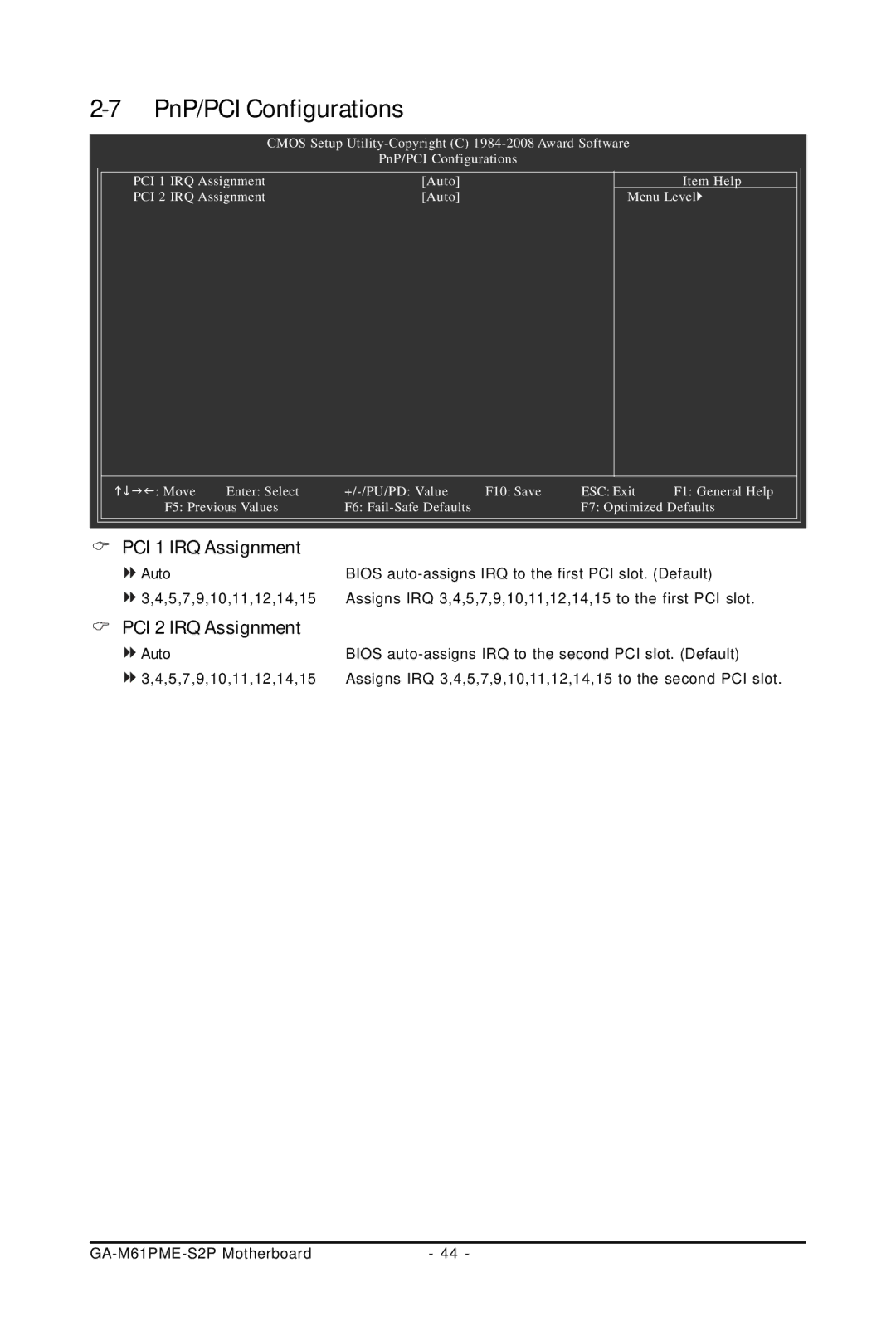 Gigabyte GA-M61PME-S2P user manual PnP/PCI Configurations, PCI 1 IRQ Assignment, PCI 2 IRQ Assignment 