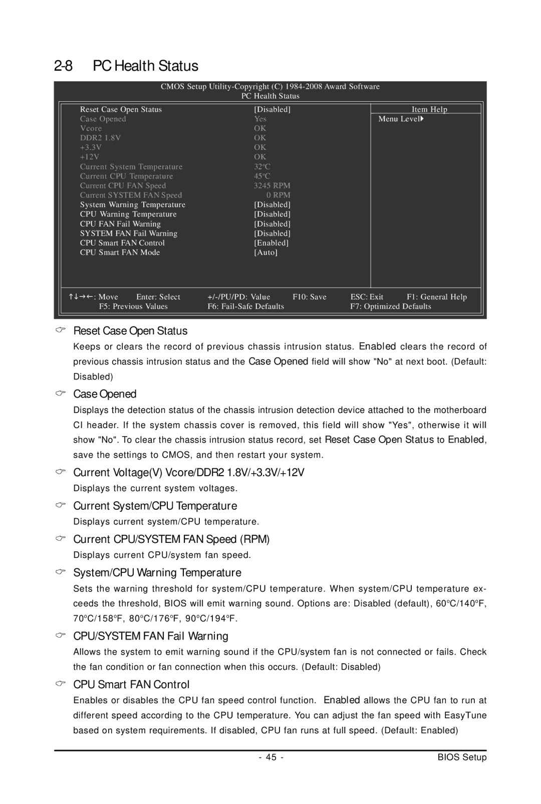 Gigabyte GA-M61PME-S2P user manual Reset Case Open Status, Case Opened, Current VoltageV Vcore/DDR2 1.8V/+3.3V/+12V 