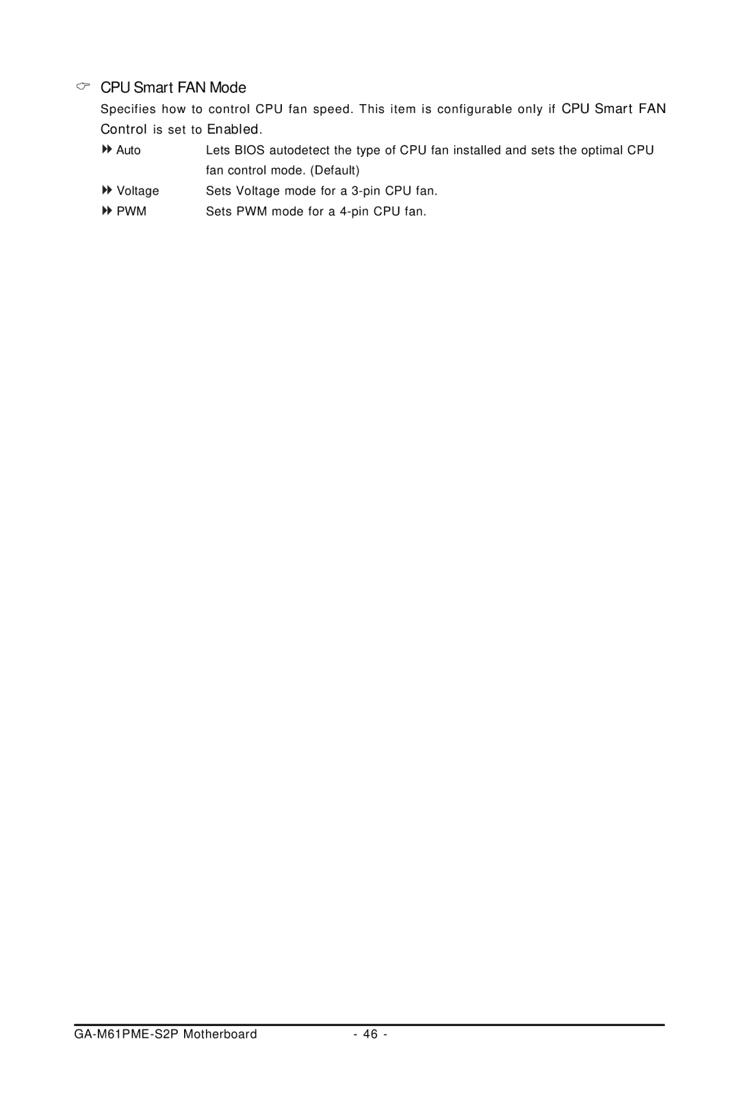 Gigabyte GA-M61PME-S2P user manual CPU Smart FAN Mode 