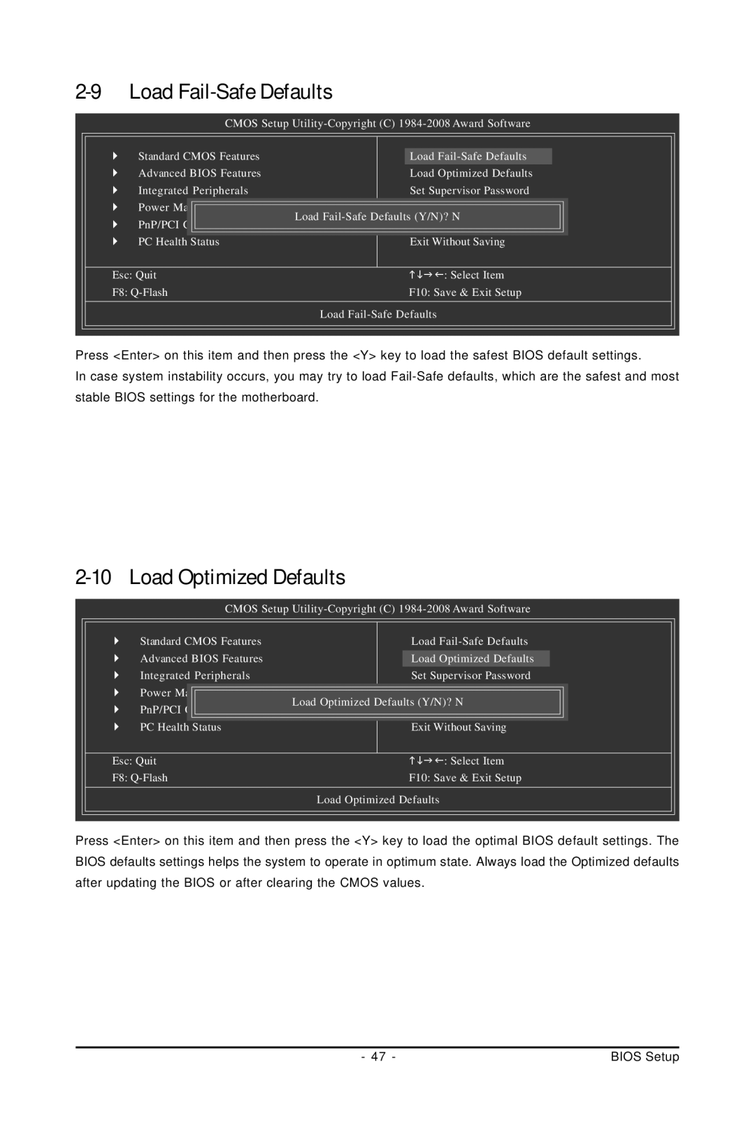 Gigabyte GA-M61PME-S2P user manual Load Fail-Safe Defaults, Load Optimized Defaults 