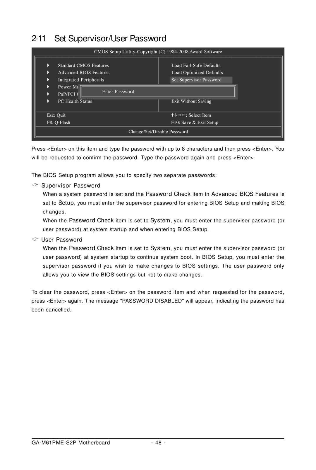 Gigabyte GA-M61PME-S2P user manual Supervisor Password, User Password 