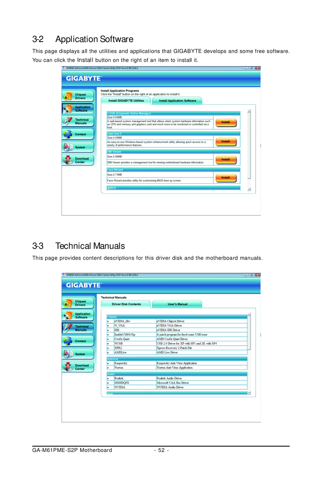 Gigabyte GA-M61PME-S2P user manual Application Software, Technical Manuals 