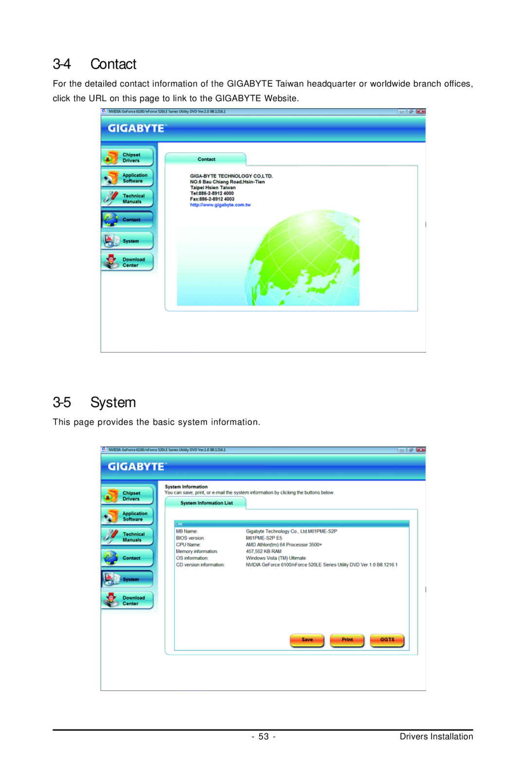 Gigabyte GA-M61PME-S2P user manual Contact, System 