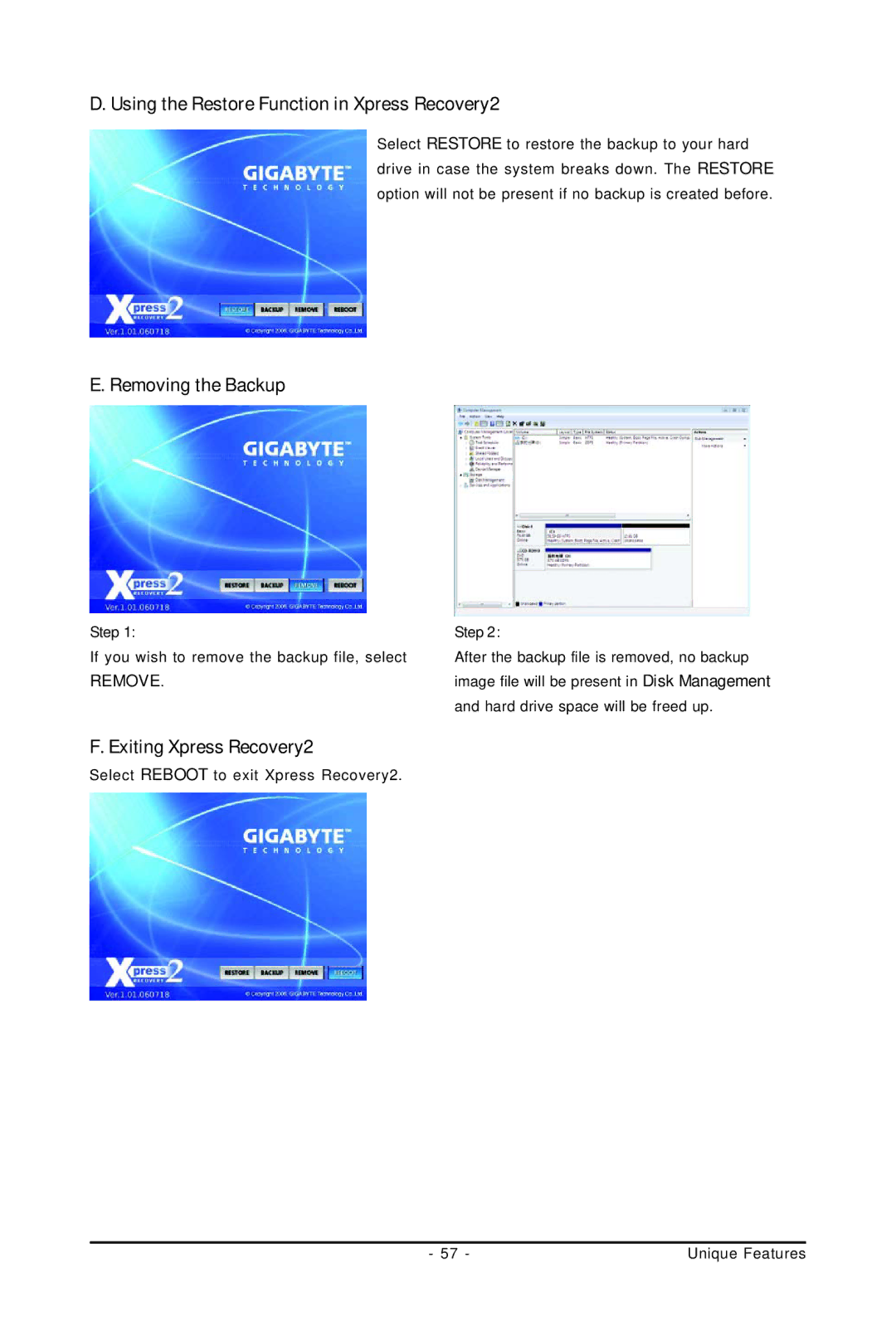 Gigabyte GA-M61PME-S2P Using the Restore Function in Xpress Recovery2, Removing the Backup, Exiting Xpress Recovery2 