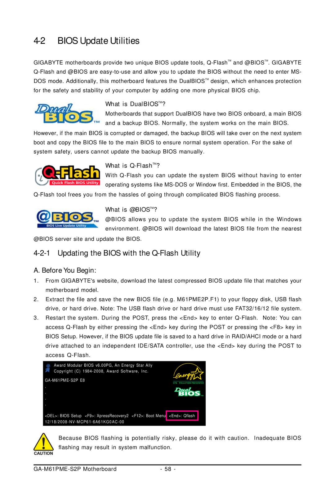 Gigabyte GA-M61PME-S2P user manual Bios Update Utilities, Updating the Bios with the Q-Flash Utility, What is DualBIOSTM? 