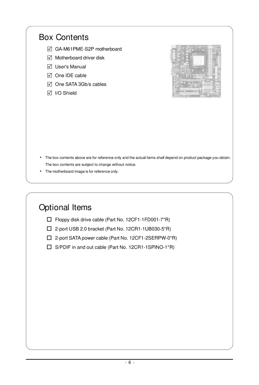 Gigabyte GA-M61PME-S2P user manual Box Contents 