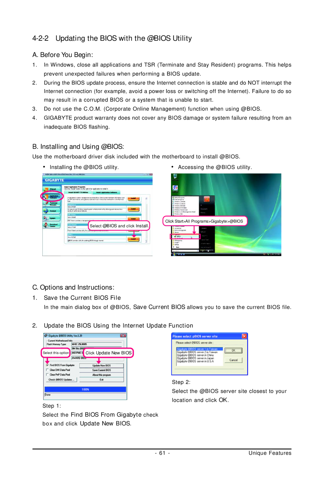 Gigabyte GA-M61PME-S2P Updating the Bios with the @BIOS Utility, Installing and Using @BIOS, Options and Instructions 