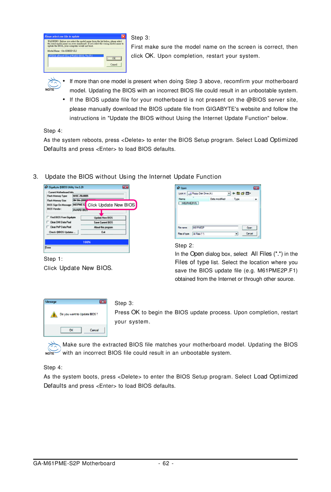 Gigabyte GA-M61PME-S2P user manual Update the Bios without Using the Internet Update Function, Click Update New Bios 