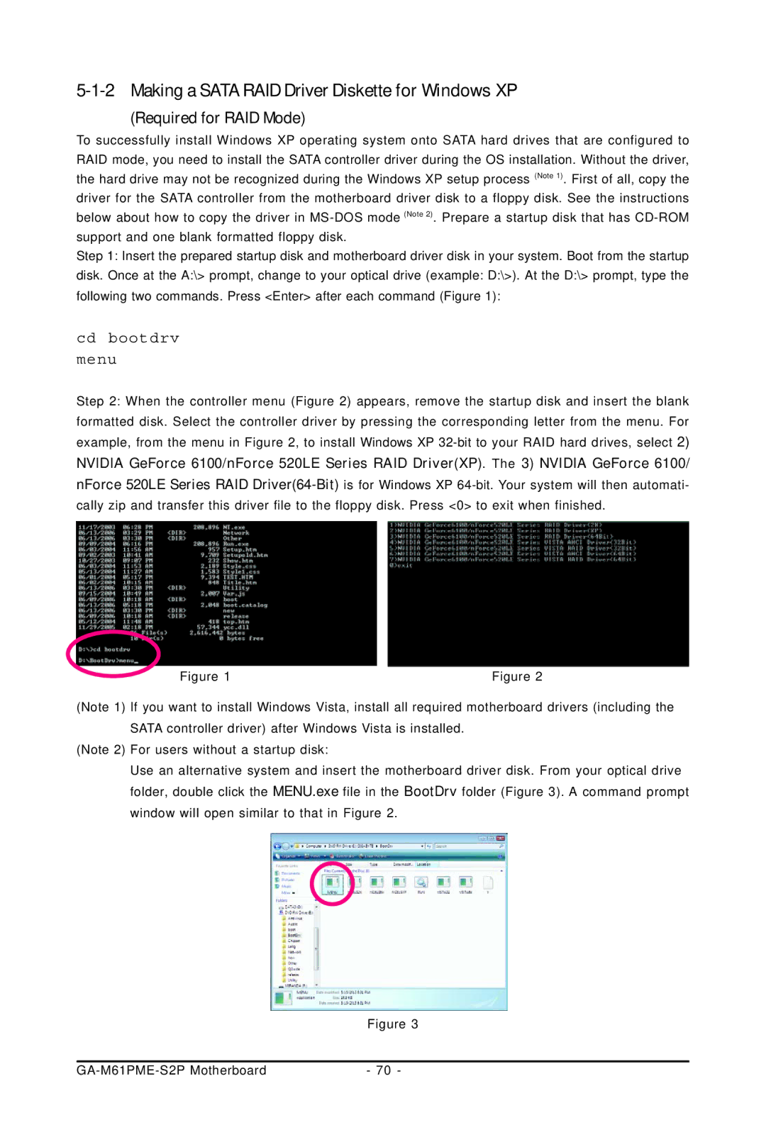 Gigabyte GA-M61PME-S2P user manual Making a Sata RAID Driver Diskette for Windows XP, Required for RAID Mode 