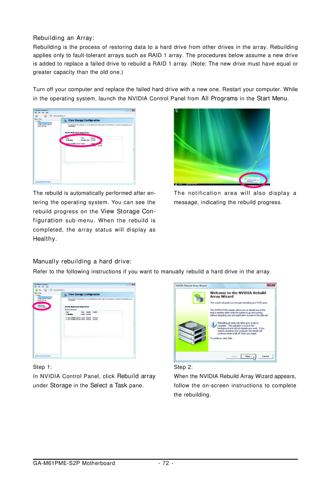 Gigabyte GA-M61PME-S2P user manual Rebuilding an Array, Healthy Manually rebuilding a hard drive 