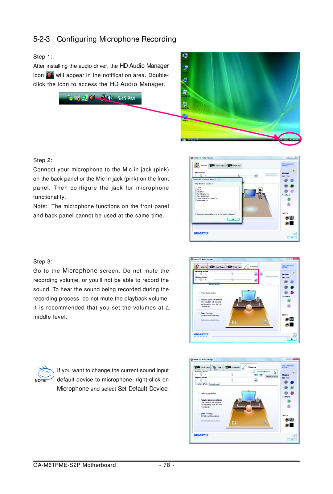 Gigabyte GA-M61PME-S2P user manual Configuring Microphone Recording 