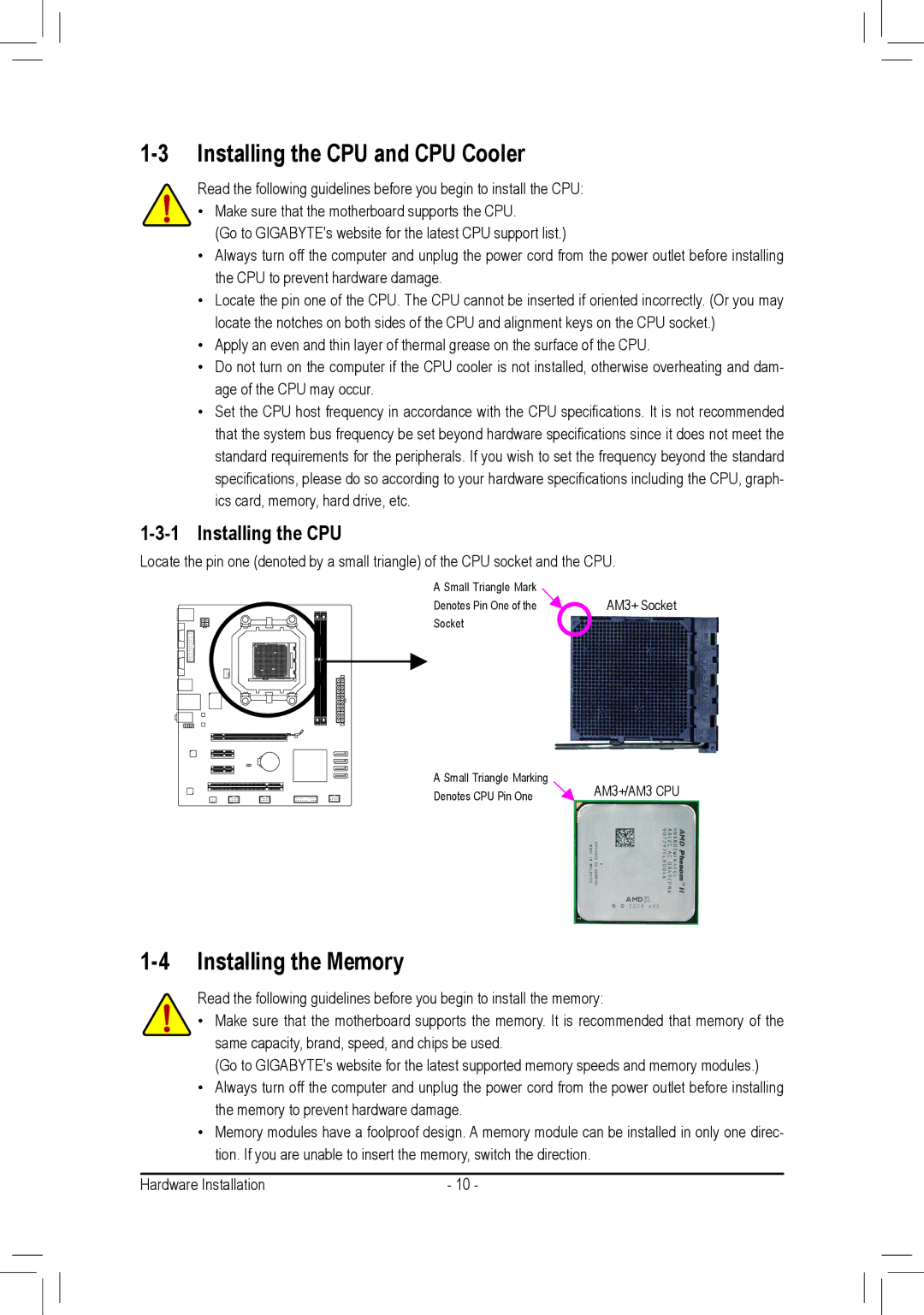 Gigabyte GA-M68MT-S2P, GA-M68MT-D3P user manual Installing the CPU and CPU Cooler, Installing the Memory 