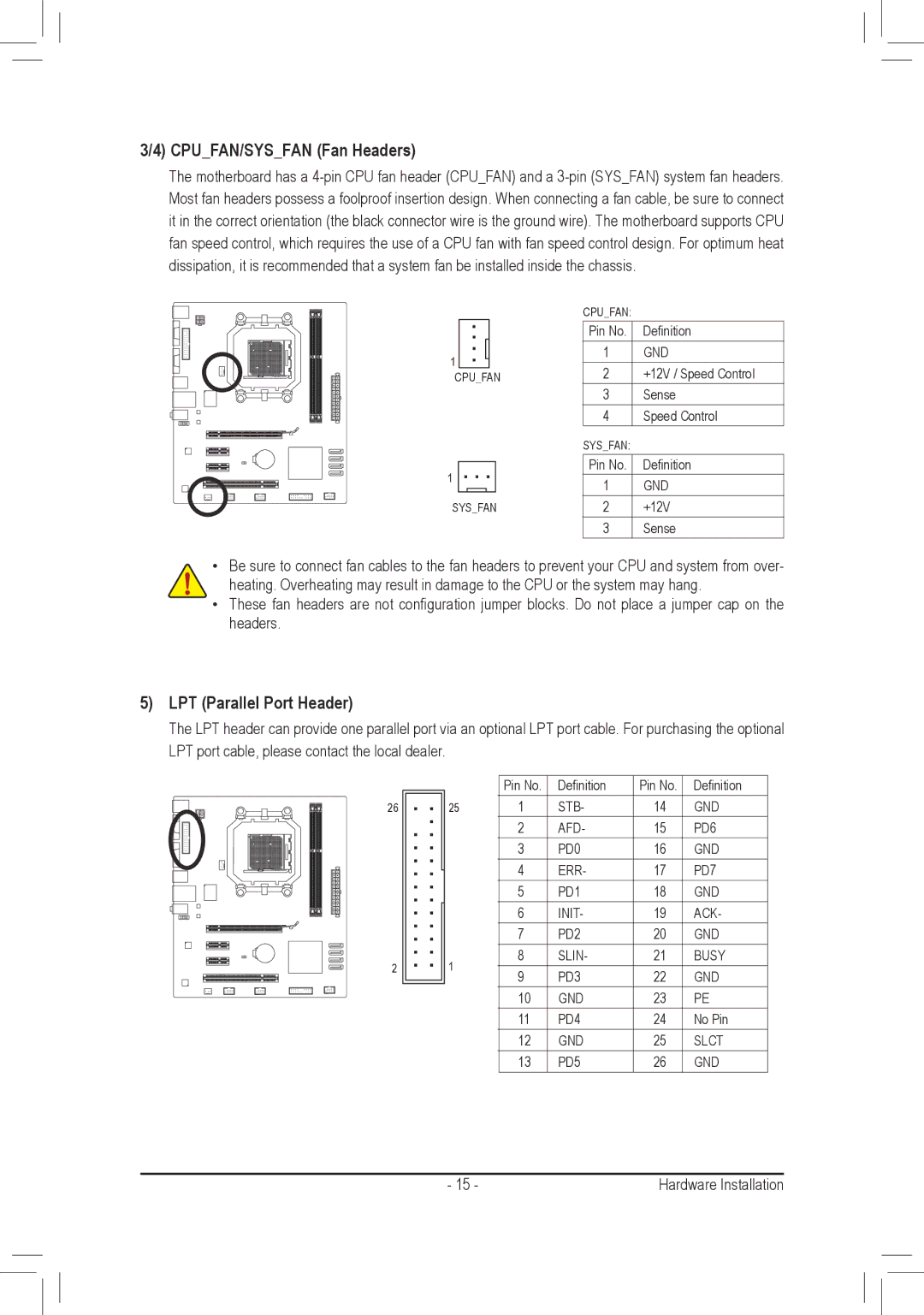 Gigabyte GA-M68MT-D3P, GA-M68MT-S2P user manual CPUFAN/SYSFAN Fan Headers, LPT Parallel Port Header 