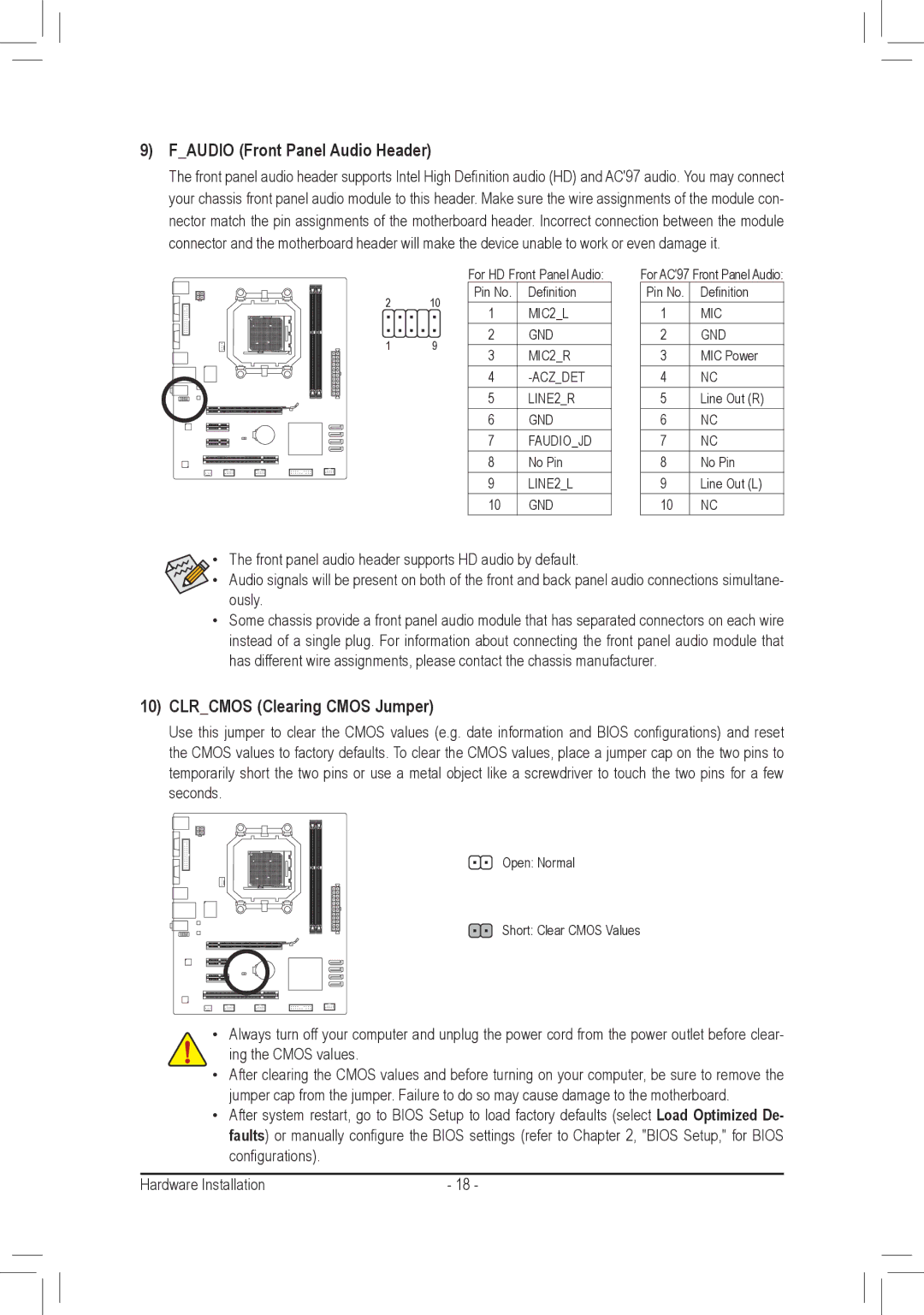 Gigabyte GA-M68MT-S2P, GA-M68MT-D3P user manual Faudio Front Panel Audio Header, Clrcmos Clearing Cmos Jumper 