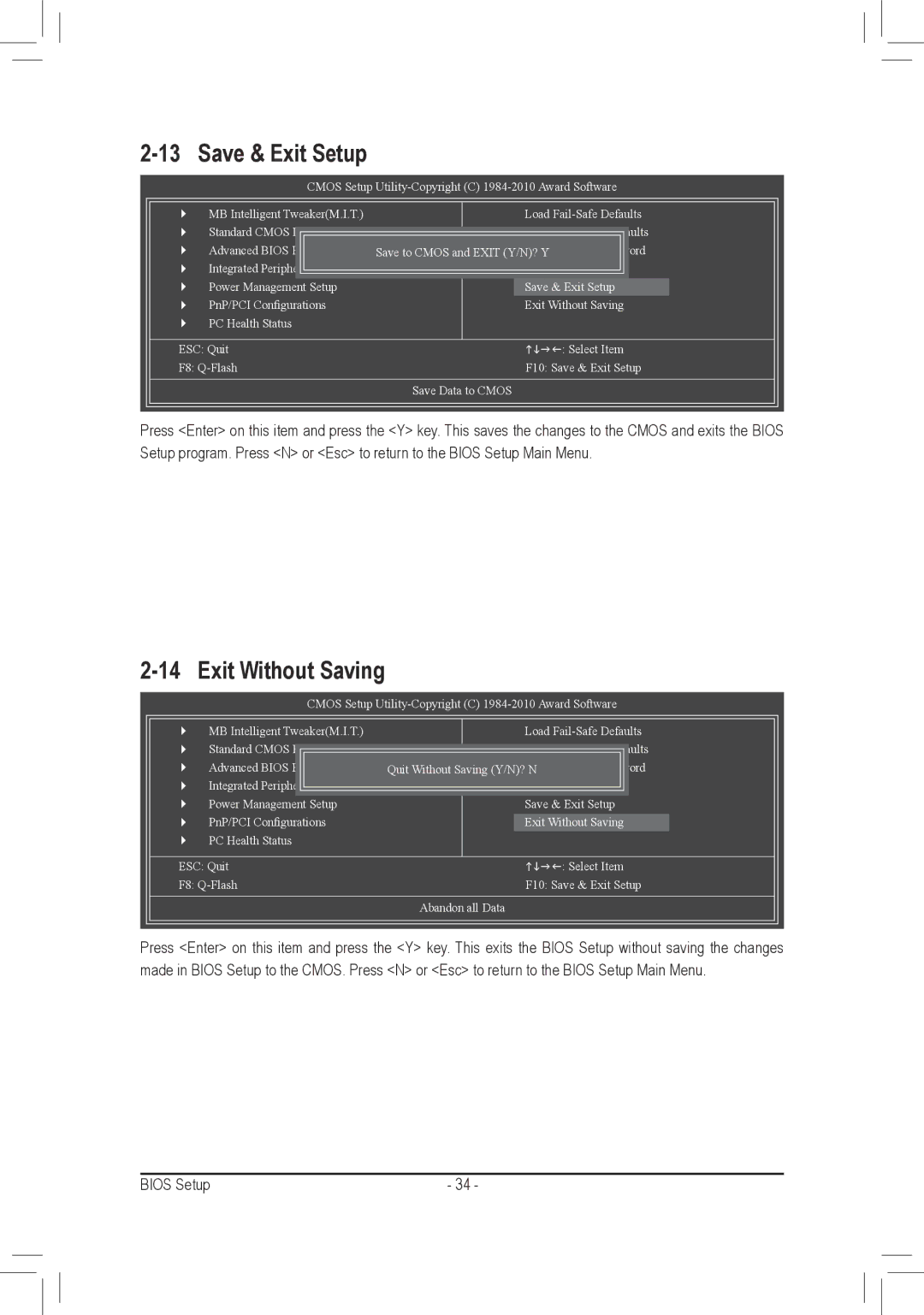 Gigabyte GA-M68MT-S2P, GA-M68MT-D3P user manual Save & Exit Setup, Exit Without Saving 