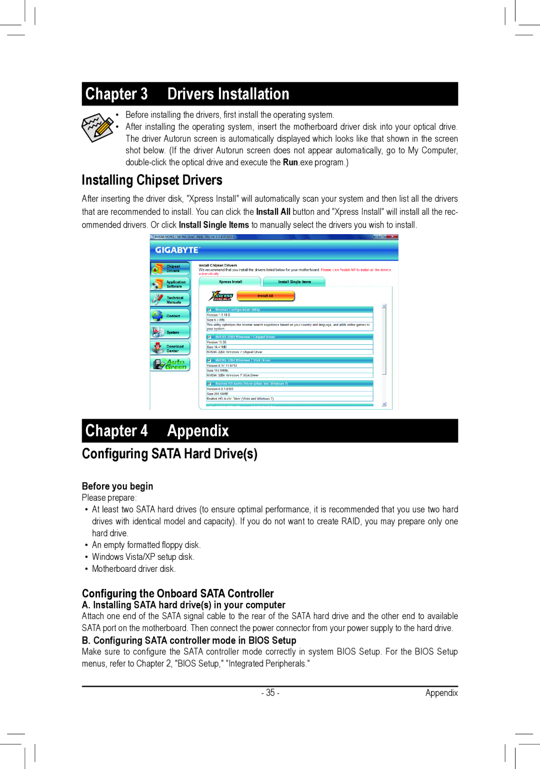 Gigabyte GA-M68MT-D3P Installing Chipset Drivers, Configuring Sata Hard Drives, Configuring the Onboard Sata Controller 