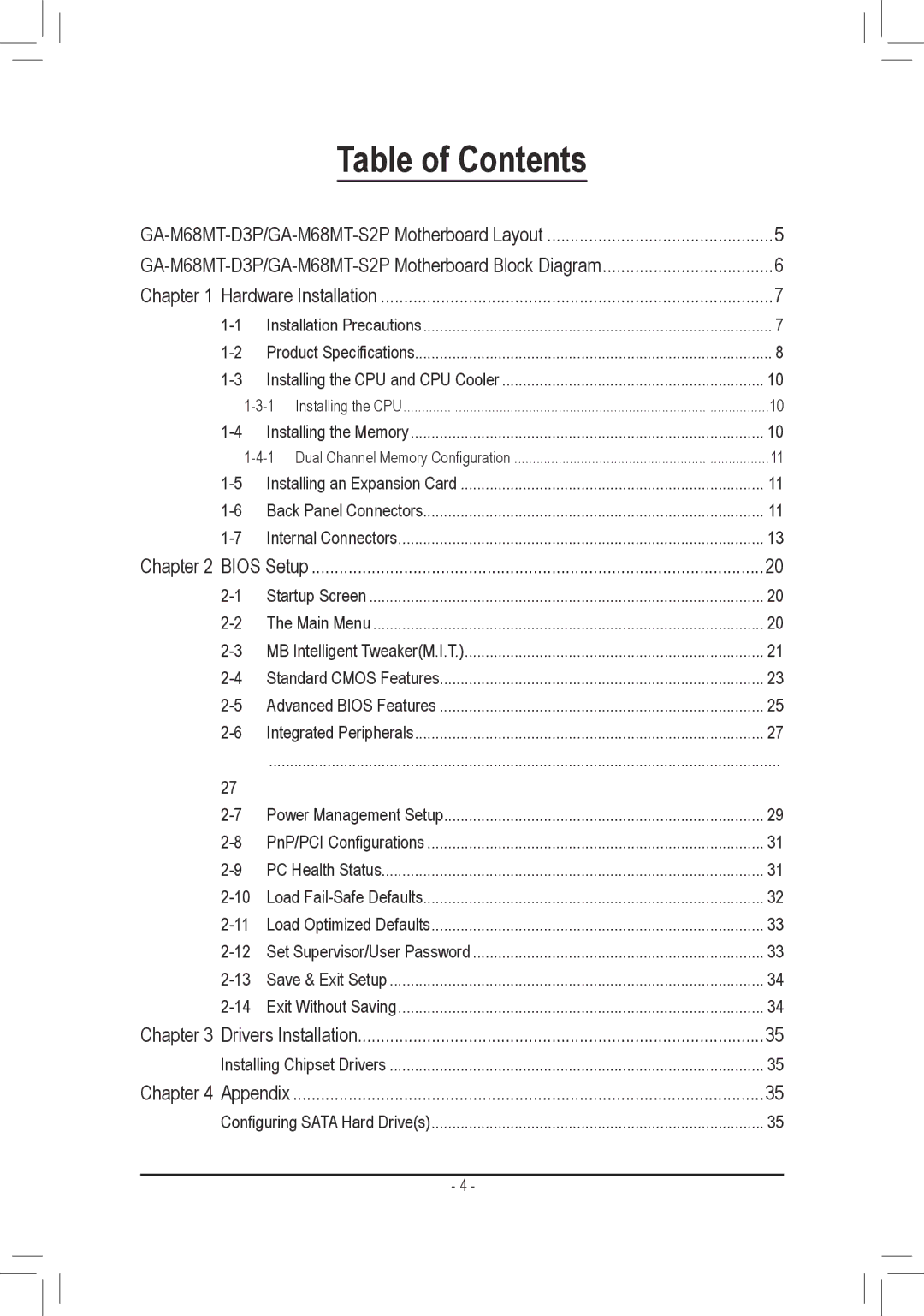 Gigabyte GA-M68MT-S2P, GA-M68MT-D3P user manual Table of Contents 