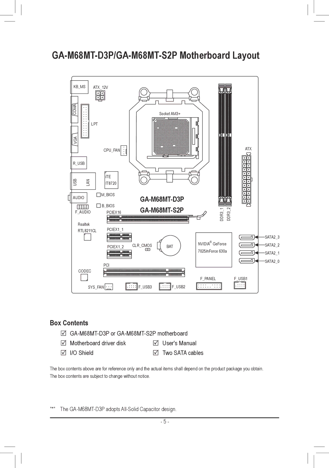 Gigabyte user manual GA-M68MT-D3P/GA-M68MT-S2P Motherboard Layout, Box Contents 