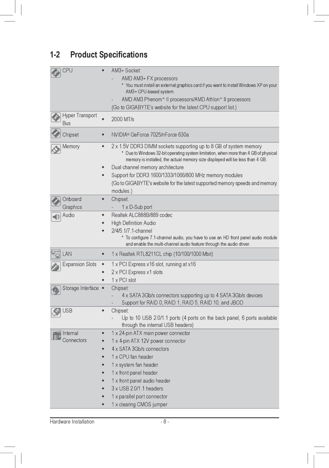 Gigabyte GA-M68MT-S2P, GA-M68MT-D3P user manual Product Specifications 