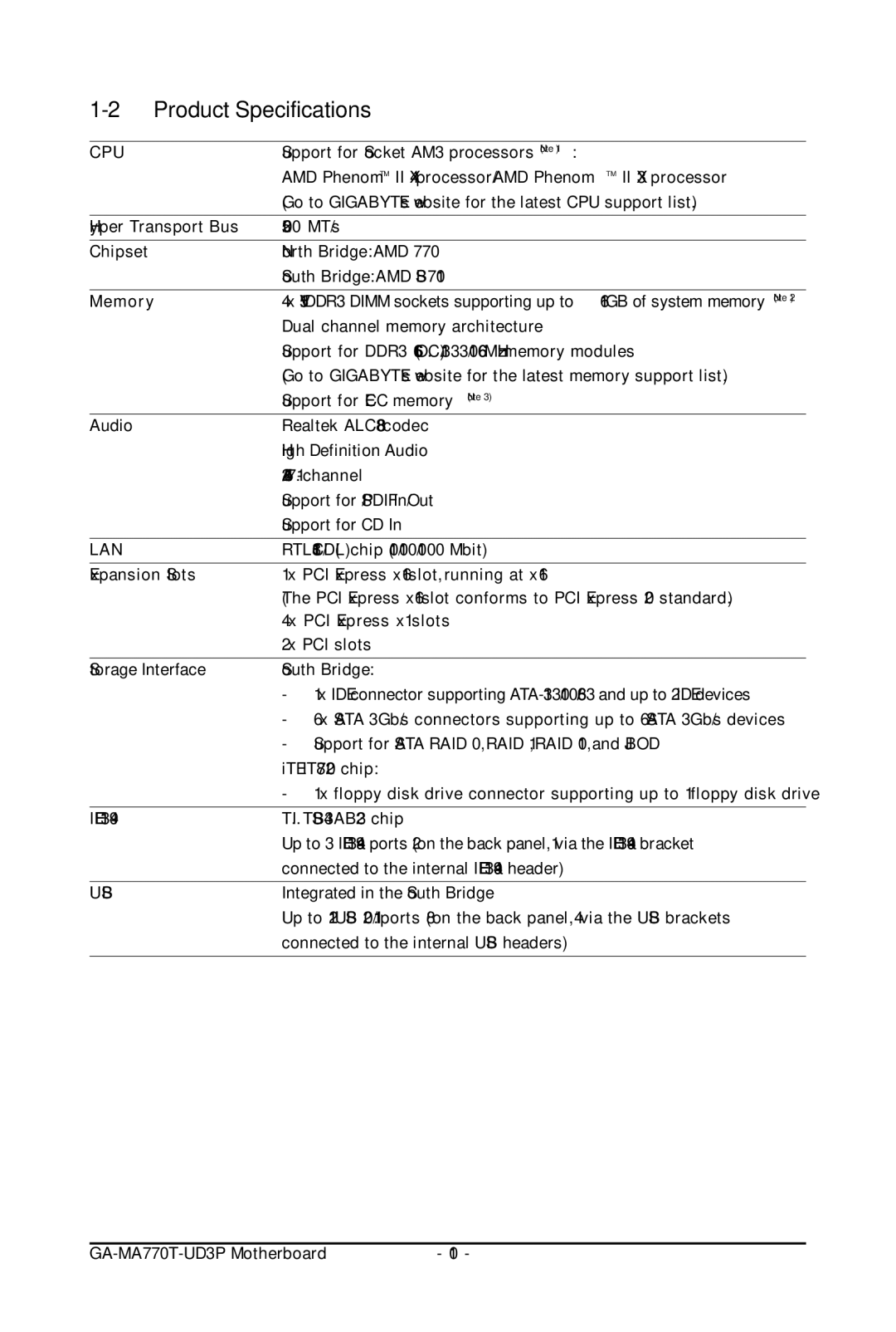 Gigabyte GA-MA770T-UD3P user manual Product Specifications, Cpu 