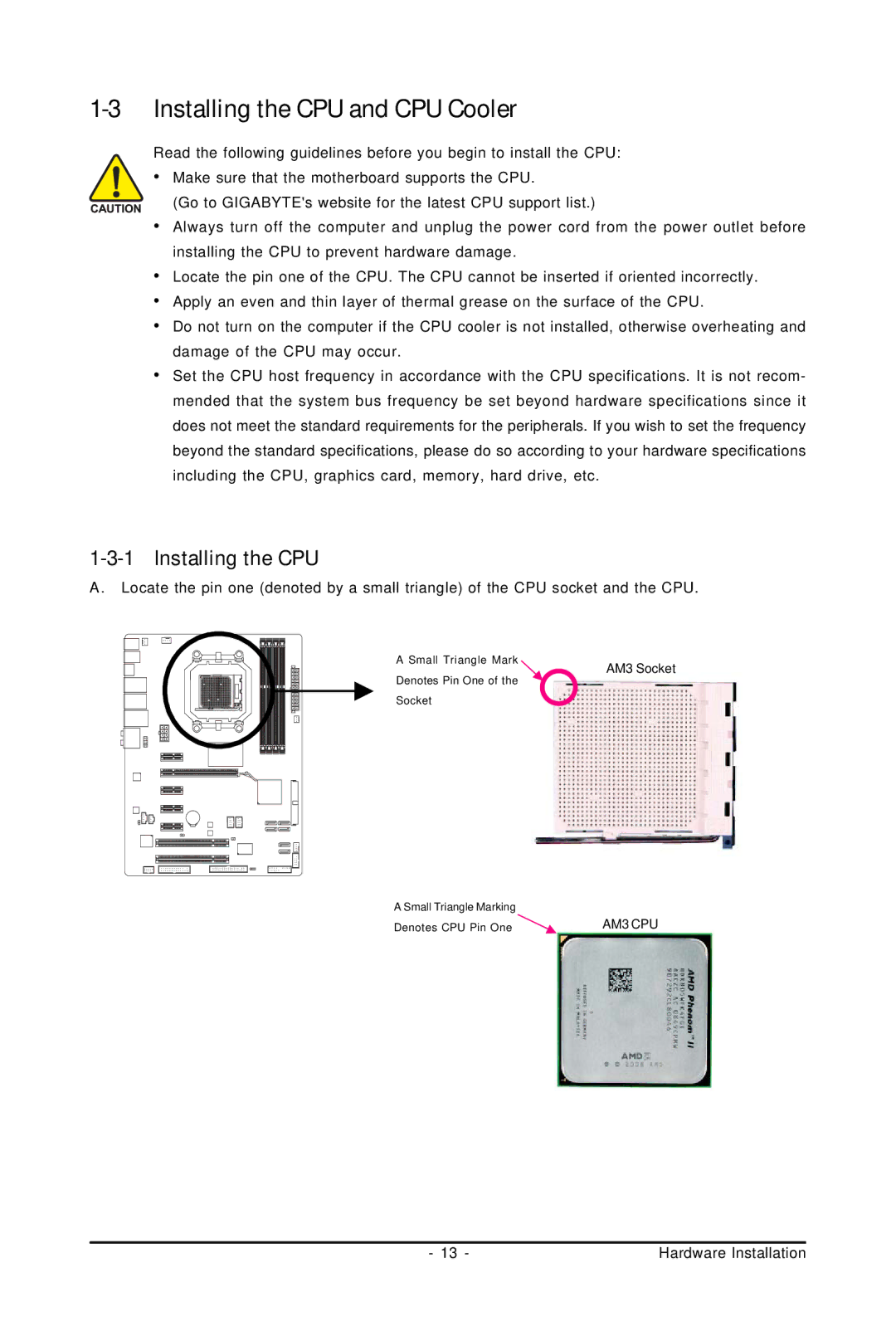 Gigabyte GA-MA770T-UD3P user manual Installing the CPU and CPU Cooler 