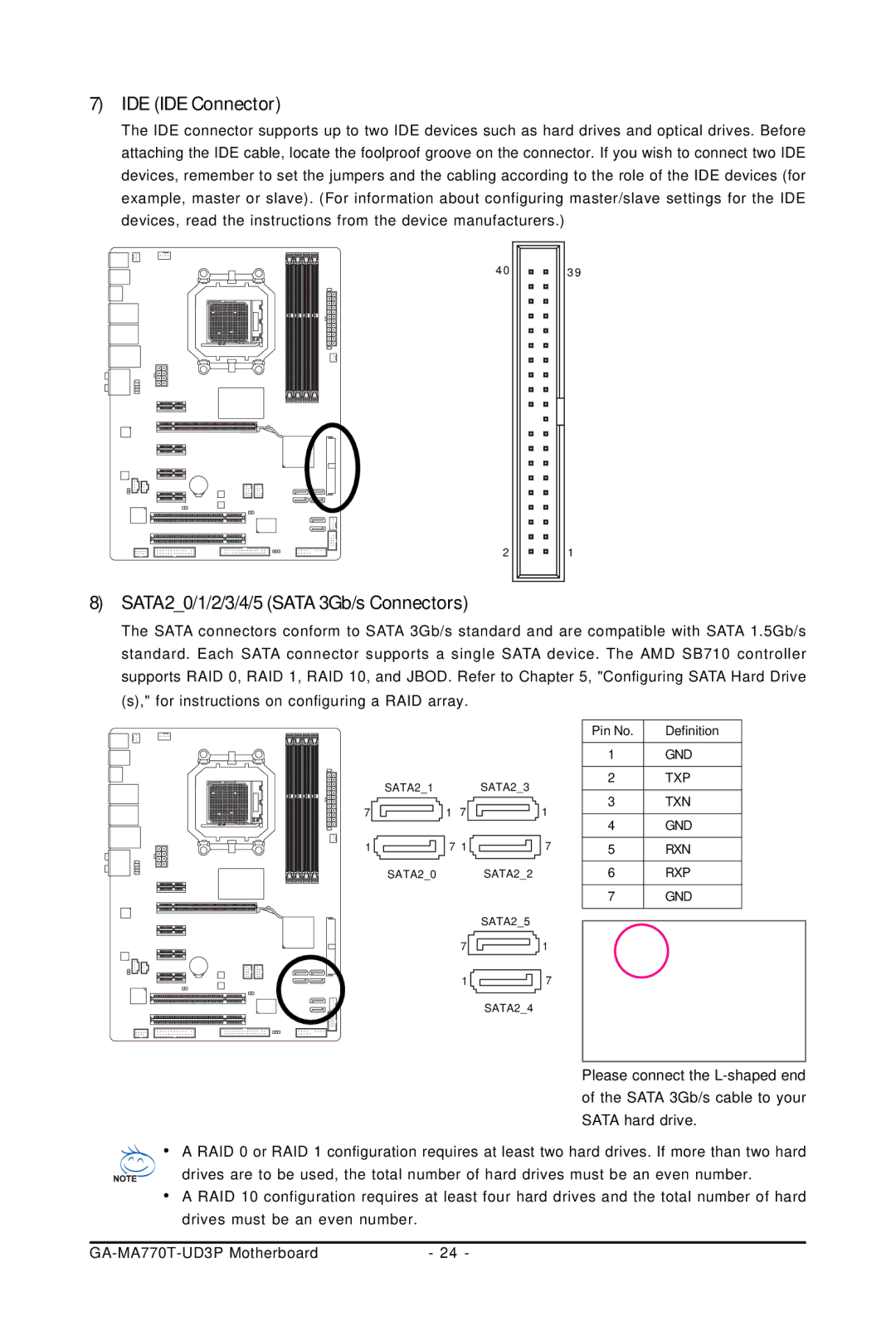 Gigabyte GA-MA770T-UD3P user manual IDE IDE Connector, SATA20/1/2/3/4/5 Sata 3Gb/s Connectors 