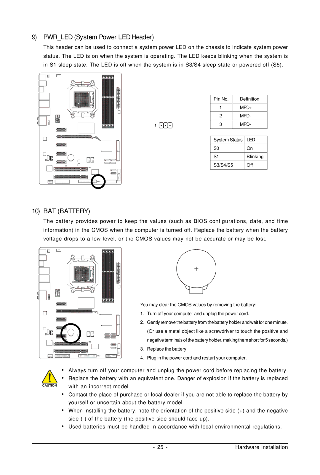 Gigabyte GA-MA770T-UD3P user manual Pwrled System Power LED Header, BAT Battery 