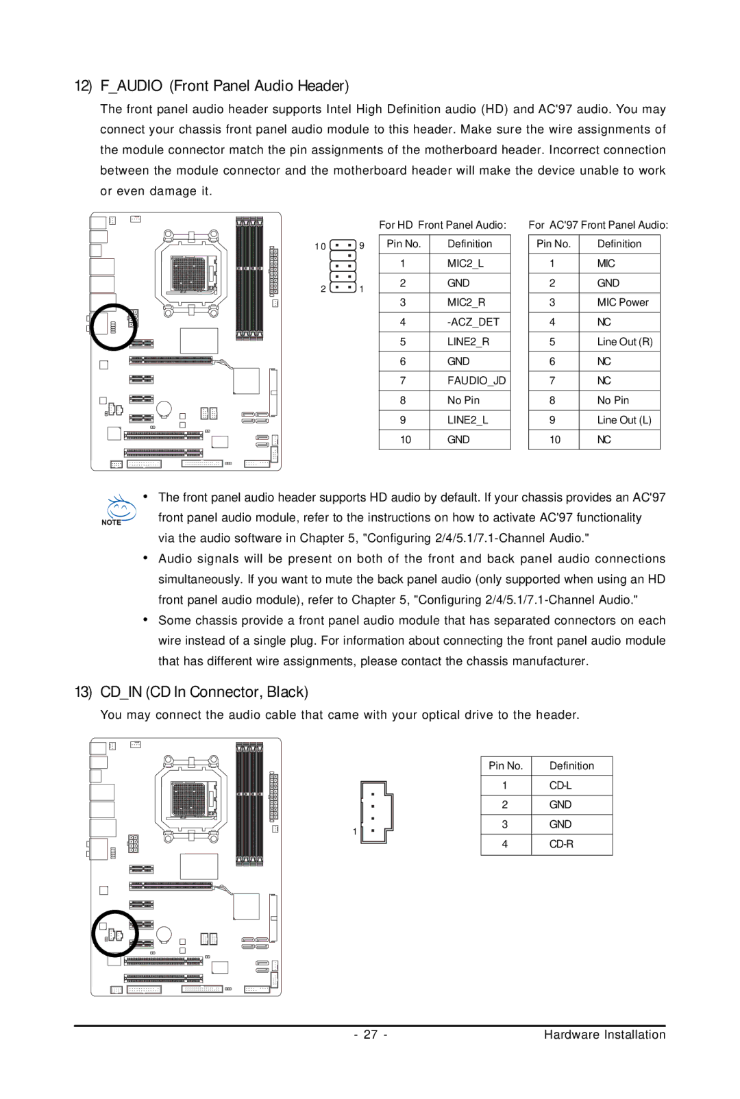 Gigabyte GA-MA770T-UD3P user manual Faudio Front Panel Audio Header, Cdin CD In Connector, Black 