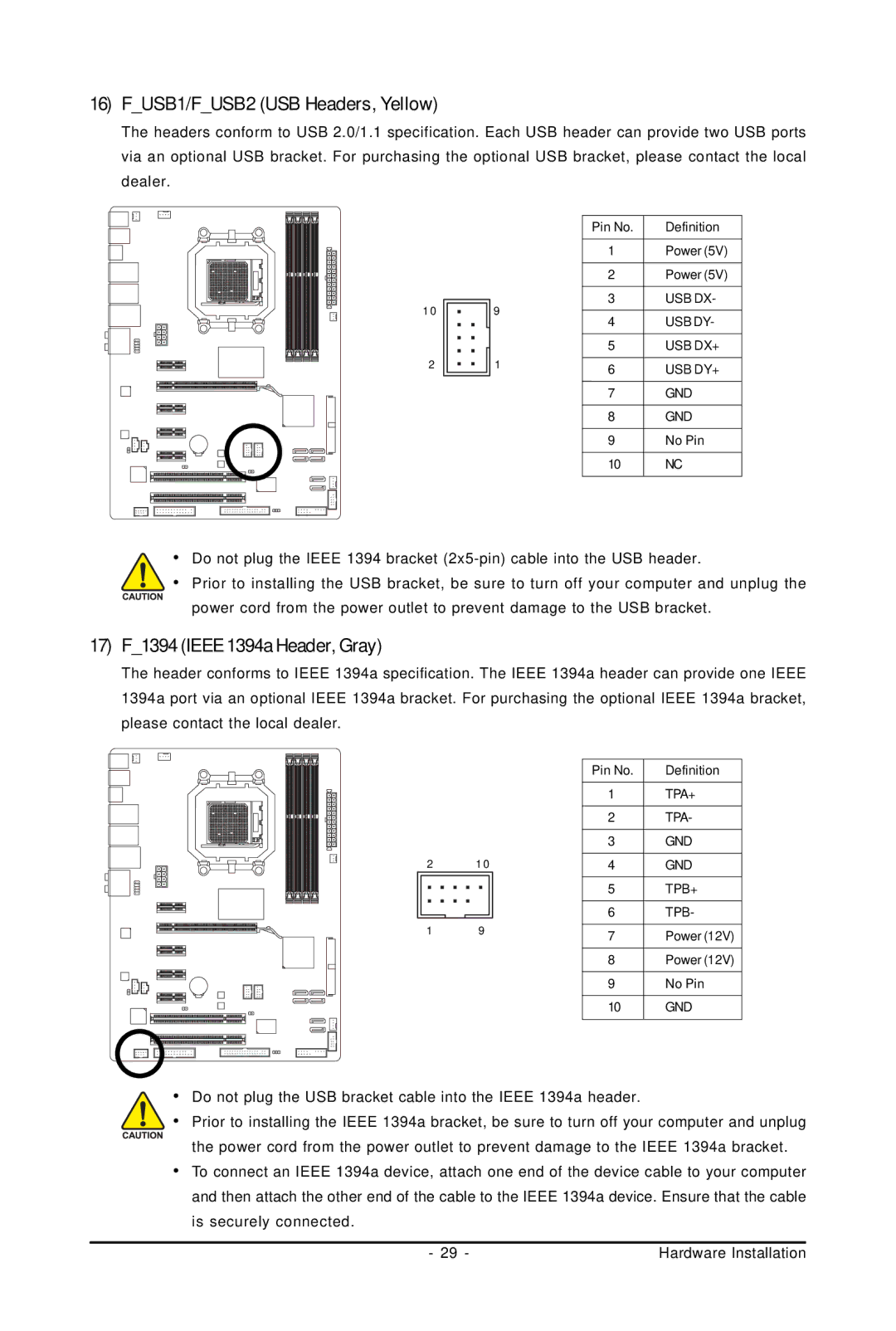 Gigabyte GA-MA770T-UD3P user manual FUSB1/FUSB2 USB Headers, Yellow, 17 F1394 Ieee 1394a Header, Gray 