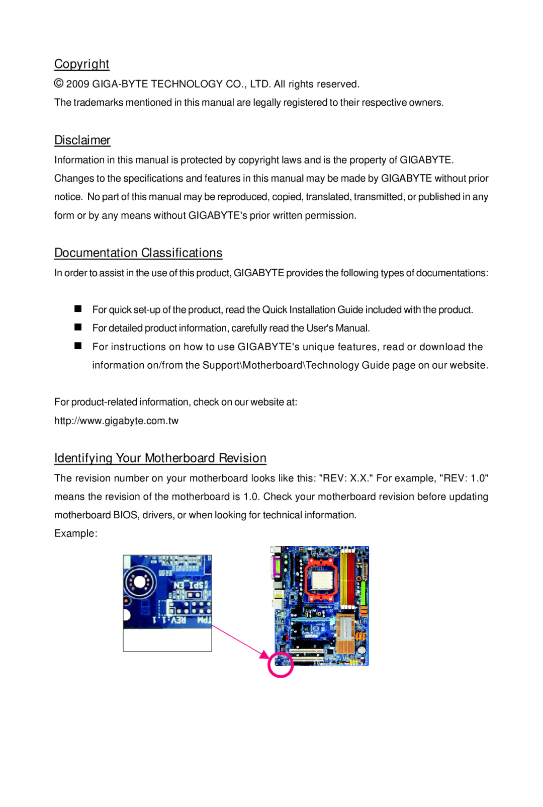 Gigabyte GA-MA770T-UD3P Copyright, Disclaimer, Documentation Classifications, Identifying Your Motherboard Revision 