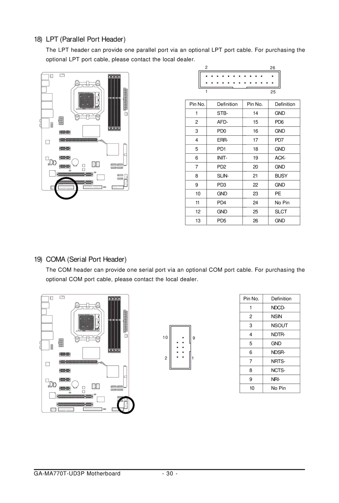 Gigabyte GA-MA770T-UD3P user manual LPT Parallel Port Header, Coma Serial Port Header 