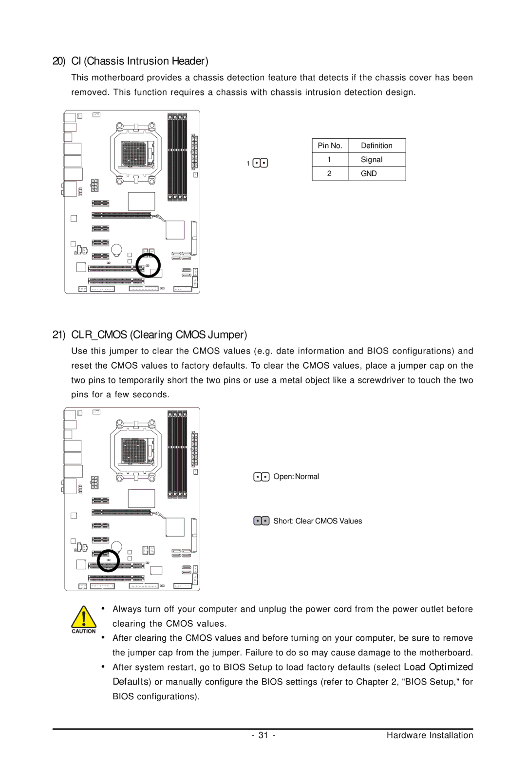 Gigabyte GA-MA770T-UD3P user manual CI Chassis Intrusion Header, Clrcmos Clearing Cmos Jumper 