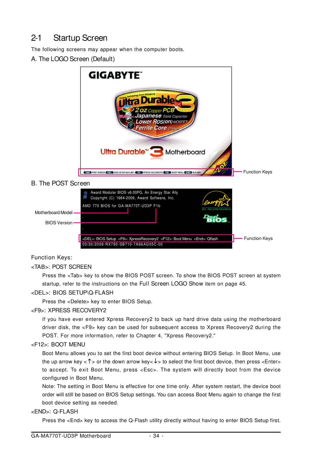 Gigabyte GA-MA770T-UD3P user manual Startup Screen, Logo Screen Default Post Screen, Function Keys 