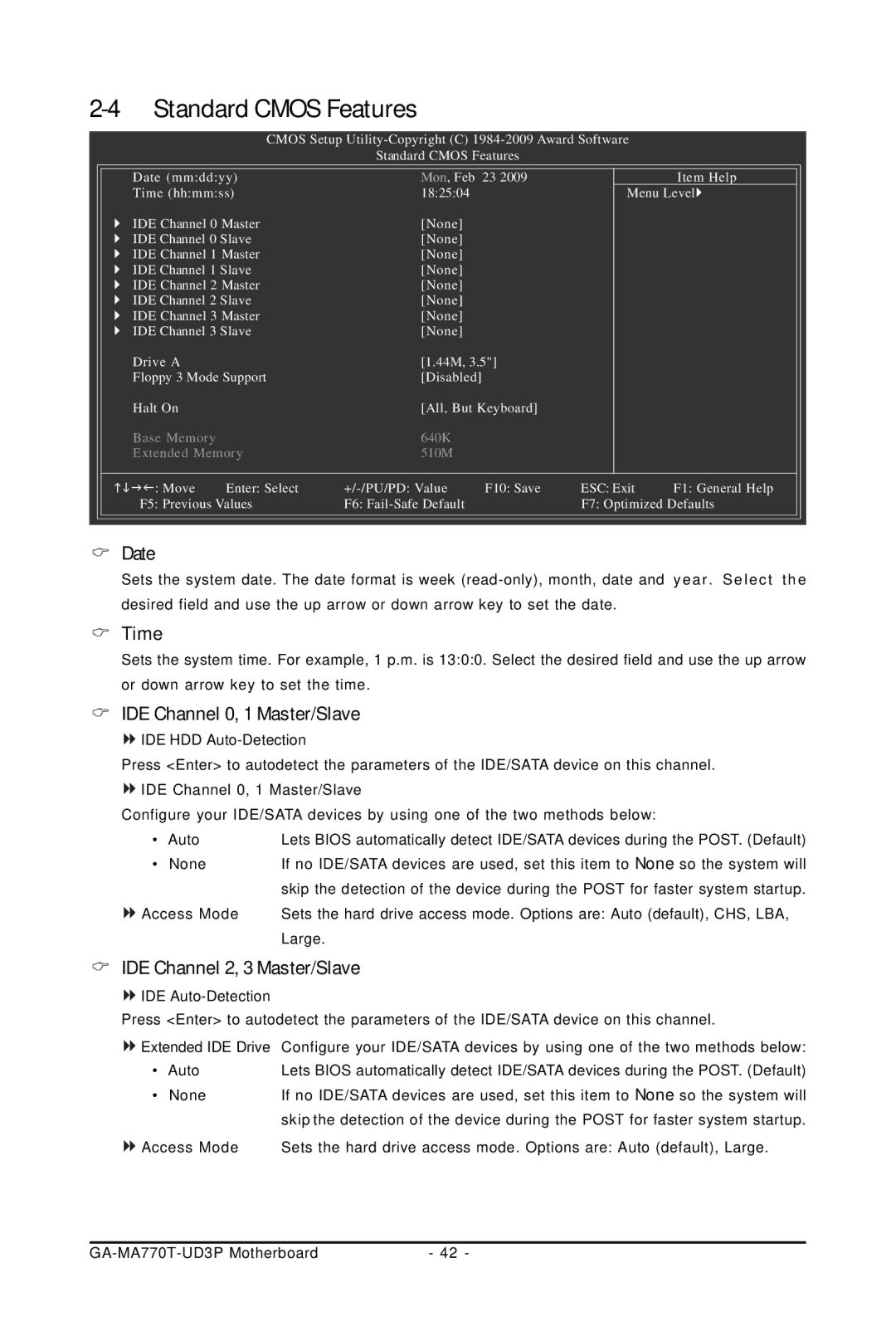 Gigabyte GA-MA770T-UD3P user manual Date, Time, IDE Channel 0, 1 Master/Slave, IDE Channel 2, 3 Master/Slave 