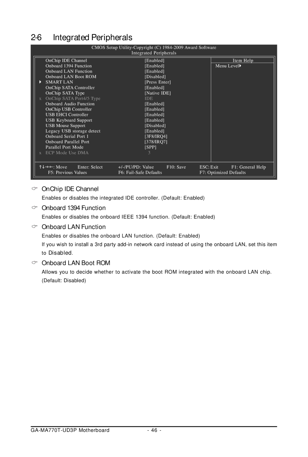 Gigabyte GA-MA770T-UD3P user manual OnChip IDE Channel, Onboard 1394 Function, Onboard LAN Function, Onboard LAN Boot ROM 