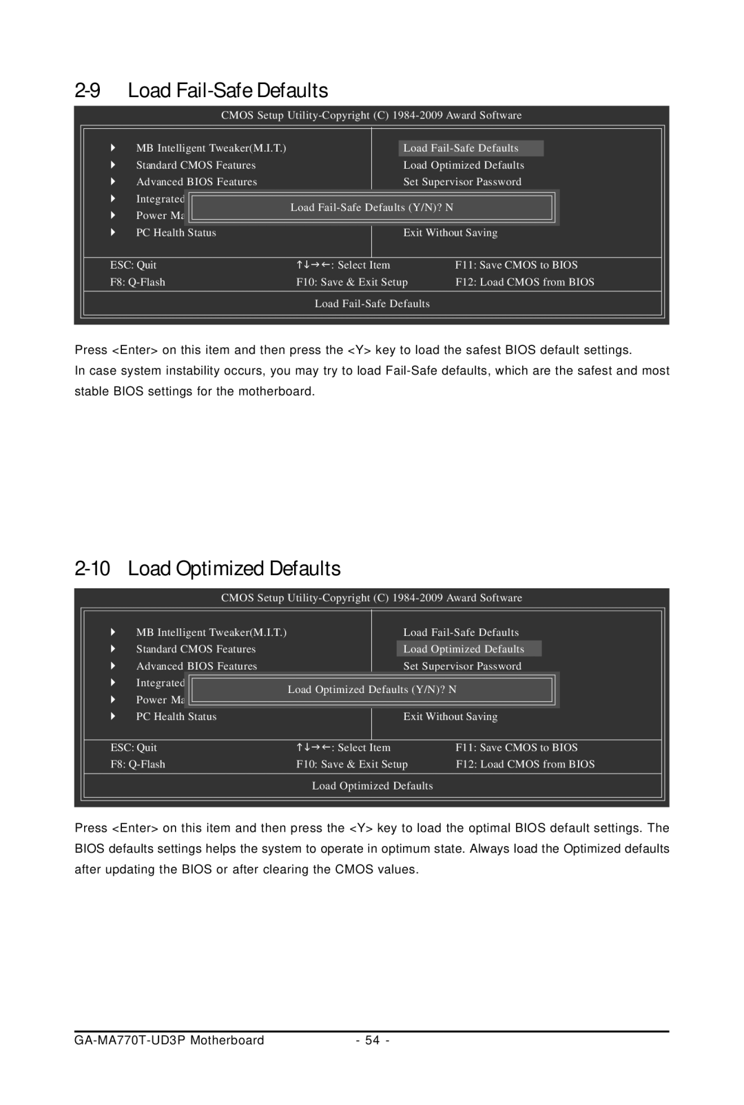 Gigabyte GA-MA770T-UD3P user manual Load Fail-Safe Defaults, Load Optimized Defaults 