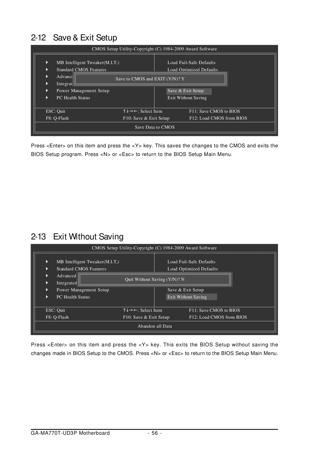 Gigabyte GA-MA770T-UD3P user manual Save & Exit Setup, Exit Without Saving 