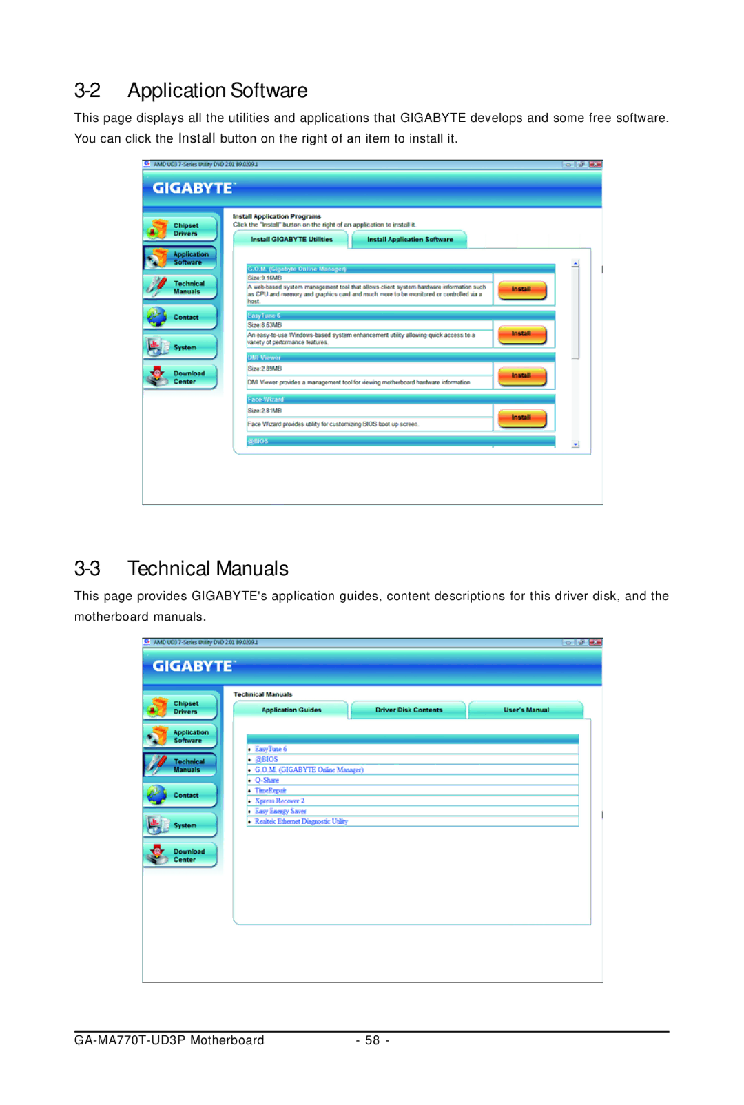 Gigabyte GA-MA770T-UD3P user manual Application Software, Technical Manuals 