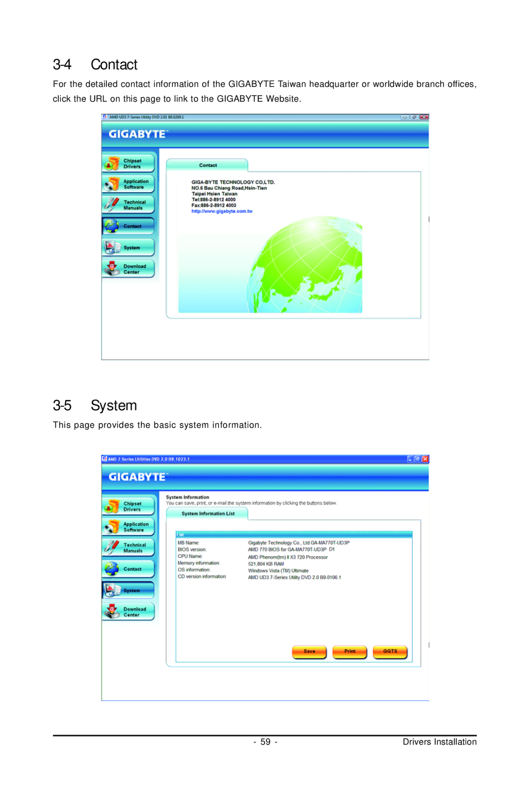 Gigabyte GA-MA770T-UD3P user manual Contact, System 