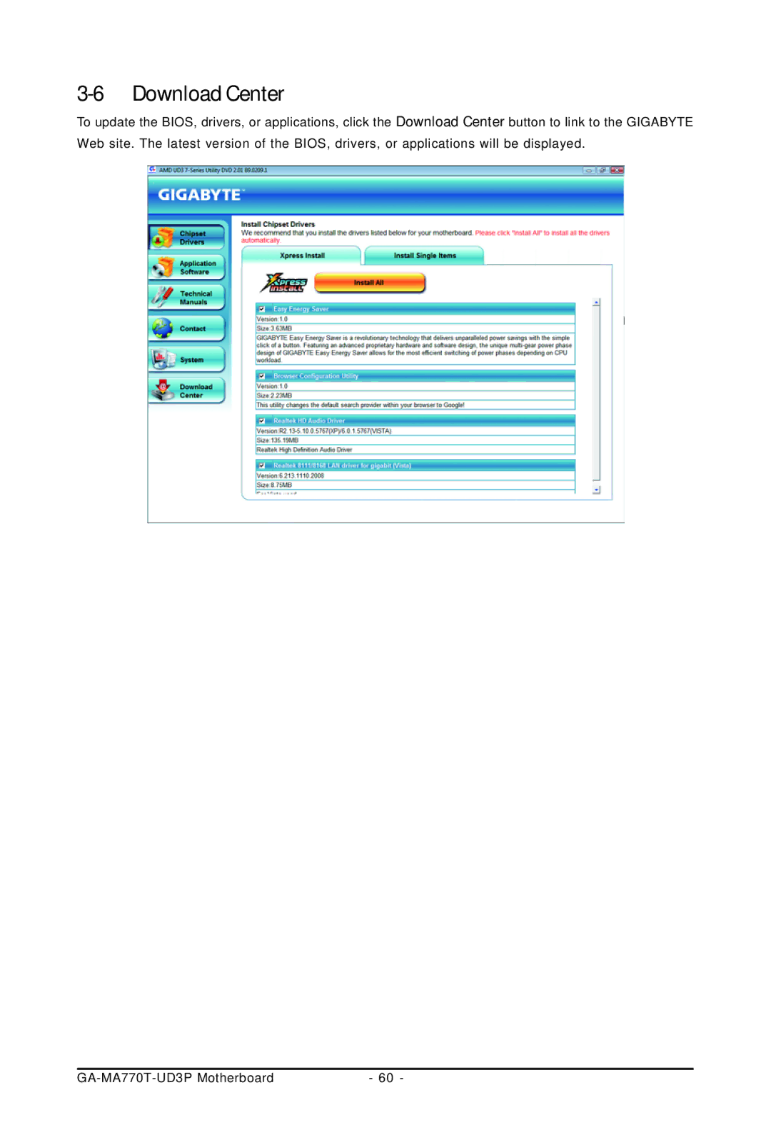 Gigabyte GA-MA770T-UD3P user manual Download Center 