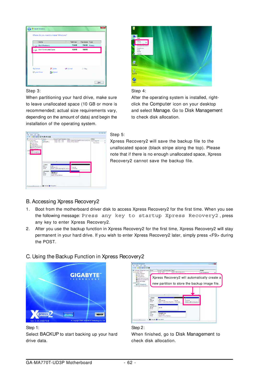 Gigabyte GA-MA770T-UD3P user manual Accessing Xpress Recovery2, Using the Backup Function in Xpress Recovery2 